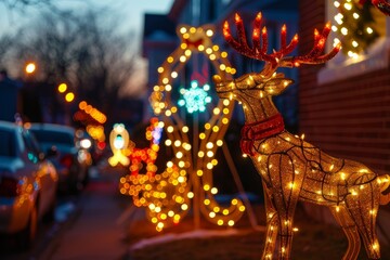 Christmas Eve Scene of a Snowy Street Illuminated by Lights - obrazy, fototapety, plakaty