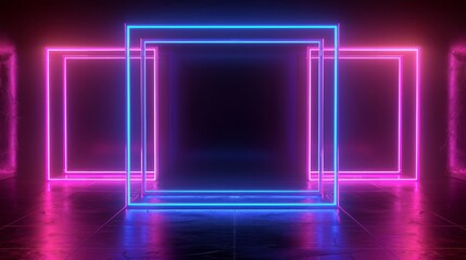 3d render, blue pink neon square frame, empty space, ultraviolet light, 80's retro style, fashion show stage, abstract background, Generative AI