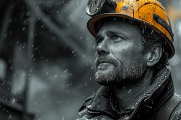 Man in yellow hard safety hat worker of metallurgical plant or miner. Labor day and hard and danger work concept.