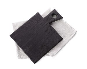Black wooden cutting board and napkin isolated on white, top view