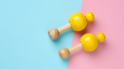 Yellow wooden baby rattle with bells on pink and blue background