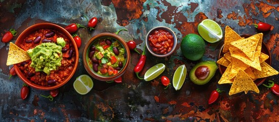 Mexican cuisine idea: Tortilla chips, guacamole, salsa, chili with beans, and fresh elements on a weathered metal surface. Overhead perspective.