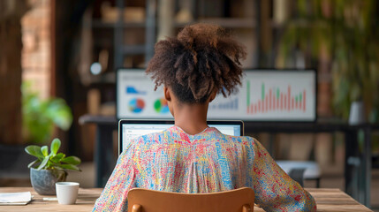 Rear view of black woman entrepreneur working on laptop analyzing commercial indicators of her startup company. 