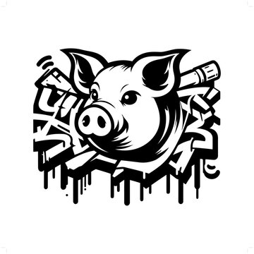 pig silhouette, animal graffiti tag, hip hop, street art typography illustration.