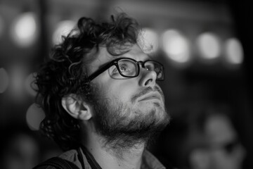 A stylized black and white portrait of a man wearing glasses, exuding intelligence and sophistication.