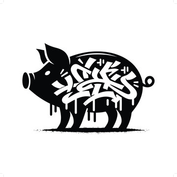 pig silhouette, animal graffiti tag, hip hop, street art typography illustration.