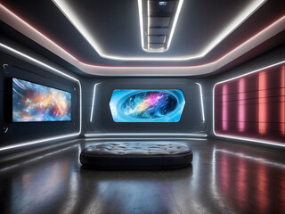 A futuristic TV hall featuring an empty canvas frame on a metallic wall design, illuminated by the dynamic, coloured lighting of advanced LED panels design.