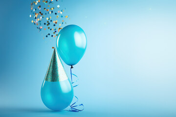 Red birthday balloon wearing cone carnival hat for celebration with confetti on the blue background.