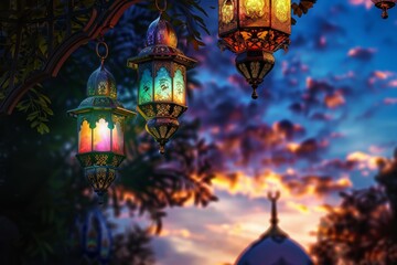 Traditional lanterns glow against a twilight sky, heralding the holy month by a mosque silhouette.