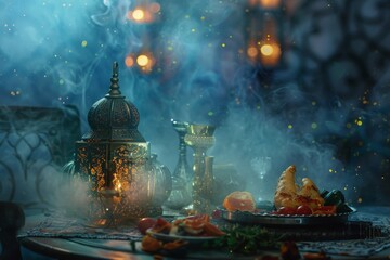 Obraz premium A Ramadan spread with lanterns, samosas, and dates under a starlit night sky.
