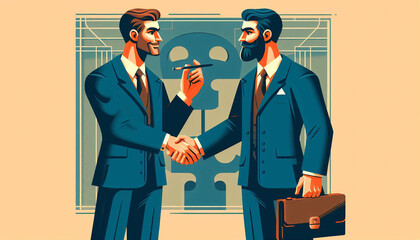two business people shaking hands after completing a deal-in a art deco  illustration style - obrazy, fototapety, plakaty