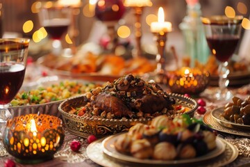 An opulent table is set with an array of delicious foods and drinks, bathed in the glow of candlelight, marking the end of a days fast.