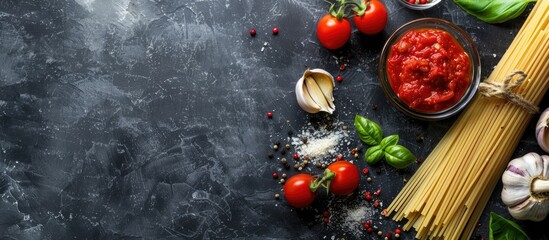 Image of spaghetti in tomato sauce with cooking ingredients on a dark background, seen from above...