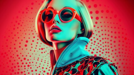 Cool Fashionable Women. DJ girl in neon colorful trendy jacket and vintage retro sunglasses,  style of 80s, 90s vibes, pop art, op art, disco party. Iconic fashion model on red color background.