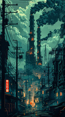 A cityscape with a large industrial plant emitting smoke. The sky is dark and the city is lit up with neon lights. Scene is ominous and foreboding