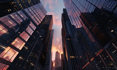 Capture the grandeur of towering skyscrapers at dusk in a photorealistic digital rendering, showcasing intricate architectural details under a twilight sky - obrazy, fototapety, plakaty