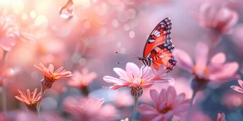 A butterfly on a pink flower color sheme is pink and green warm sunset light in summer meadow