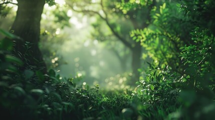 Enchanted Forest Sunbeams Peek Through Verdant Foliage - obrazy, fototapety, plakaty