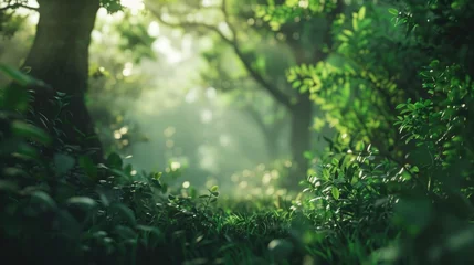 Fotobehang Enchanted Forest Sunbeams Peek Through Verdant Foliage © Viktorikus