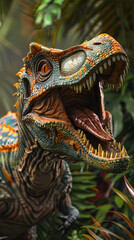 Obraz premium A dinosaur with a mouth open and teeth showing. The dinosaur is orange and green