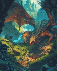 Bring the intrigue of a dragon guarding its treasure to life in a vector art form, showcasing an unexpected birds-eye view of the mystical scene