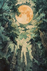 Immerse viewers in a Surrealist dreamscape through an aerial view of an enchanted forest merging with a futuristic cityscape Utilize a combination of watercolor and pen and ink medium to create a whim