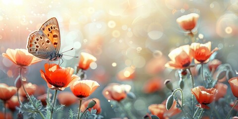 Orange butterfly on red poppies flowers warm sunset light in summer meadow