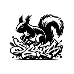 Squirrel silhouette, animal graffiti tag, hip hop, street art typography illustration.