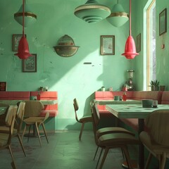 Harmony in local pizza shop, UFO themed, ancient Greek decor, vivid Mint Green walls, eyelevel view, 