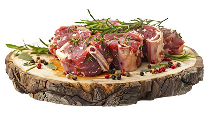 Raw lamb shanks resting on a rustic wooden platter, with herbs and spices scattered around, against...