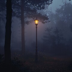 A lone, dimly lit streetlamp in a foggy forest, where shadows dance and whisper,  - obrazy, fototapety, plakaty