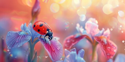 little red ladybug on a petal blue iris flower close up