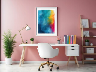This is a mockup of an office with a blank white frame, presenting a colourful, contemporary mixed-media artwork design.