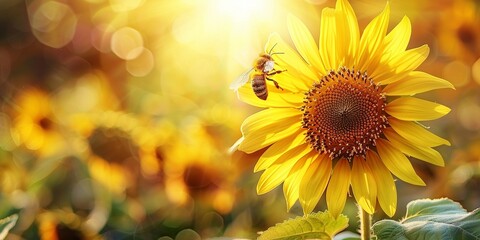 Beautiful sunflower in warm sunset light in summer meadow. The bee is pollinating the sunflower.