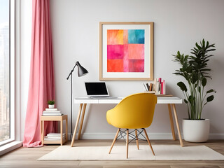 This is a mockup of an office with a blank white frame, presenting a colourful, contemporary mixed-media artwork design.