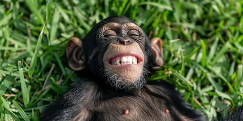 Cute monkey smiling laughing in front of camera on nature background