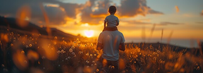 Fathers day. Back view of a little child boy sitting on his father's shoulders holding hands and looking into the distance enjoying the sunset. Father walking with son outdoors. - obrazy, fototapety, plakaty