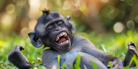 Cute monkey smiling laughing in front of camera on the nature background