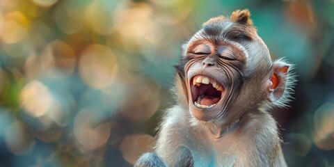 Cute monkey smiling laughing in front of camera on nature