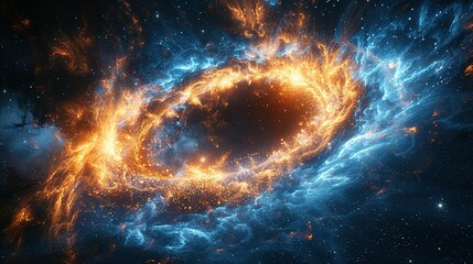 Big Planets and shining stars galaxy in space. Black hole over star field in outer space, abstract space wallpaper with form of letter O and sparks of light purple blue pink with copy space