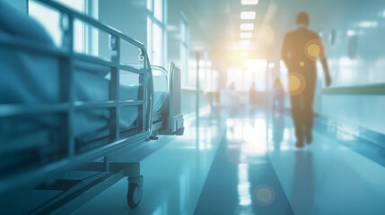 Fototapeta na wymiar Empty Hospital Corridor with Hospital Bed: Healthcare Facility Interior