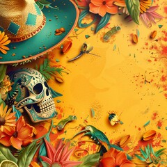 Mexican Skull Surrounded by Flowers and Sombrero