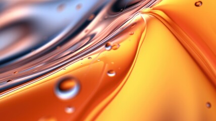 The close up of a glossy liquid surface abstract in tangerine orange and lemon yellow colors with a soft focus. 3D illustration of exuberant. generative AI