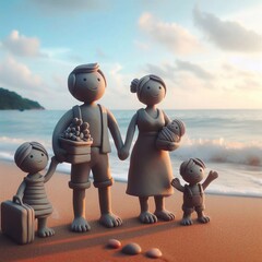 Clay Character Modeling: Family on the Beach - obrazy, fototapety, plakaty