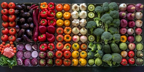 A vibrant assortment of fruits and vegetables in a colour order healthy food concept