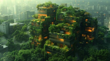 Urban Jungle, In a futuristic city overrun by concrete and pollution,  gardens and rooftop oases. Generated AI