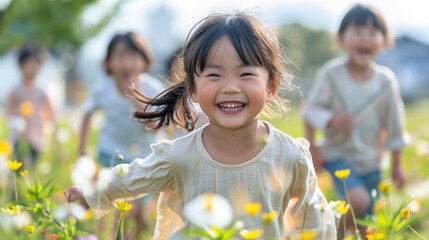 A group of small children in blurred background and one cute little girl smiling and looking at the camera 