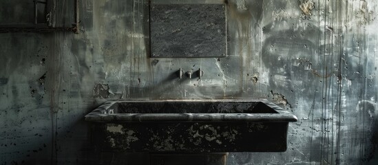 A kitchen sink made of black stone stands alone.