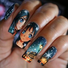 Anime characters painted on fingernails manicure