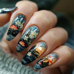 hand with painted nails mushrooms, flowers, and a sunset nature concept